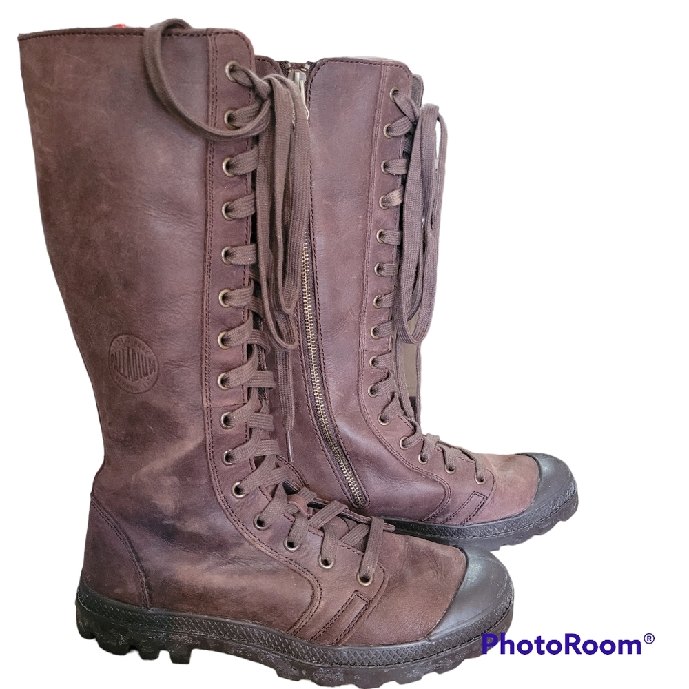 Palladium Brown Lace-Up Knee-High Leather Boots